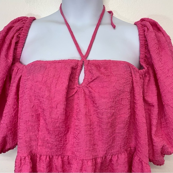 Future Collective Top Woman 3X Pink Boho Empire Puff Sleeve Square Neck Key Hole - Picture 2 of 10